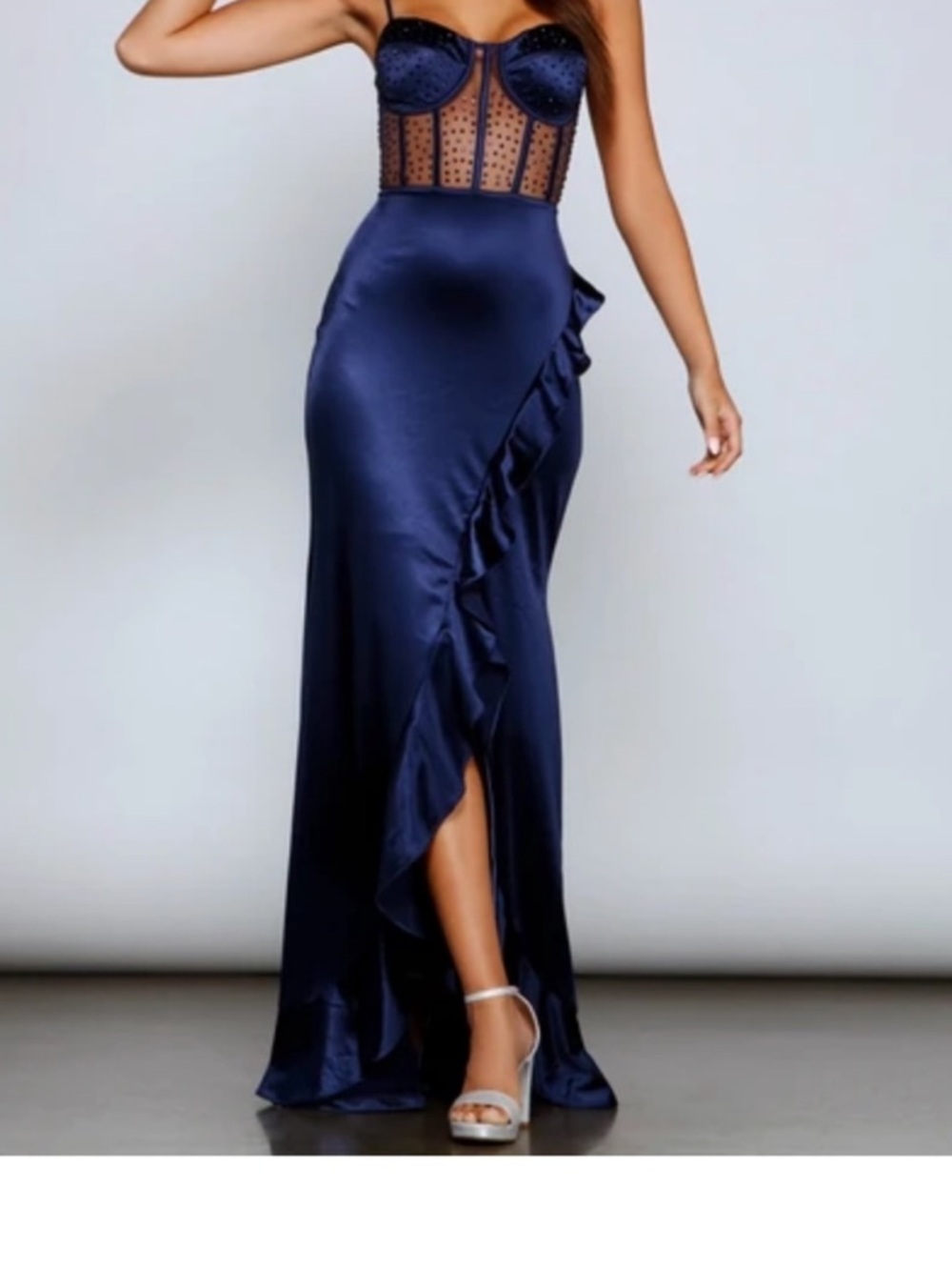 Windsor Navy Satin Ruffle-Trim Maxi Dress